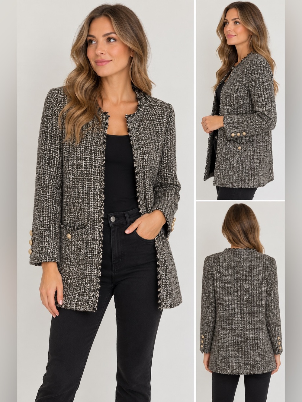 Michael Kors Tweed Jacket Black Cream Fringe Gold Buttons M 20.5x30.5